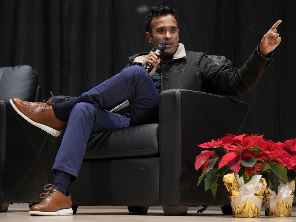 Republican presidential candidate Vivek Ramaswamy speaks during a candidate forum on Dec. 9 in Sioux Center, Iowa.