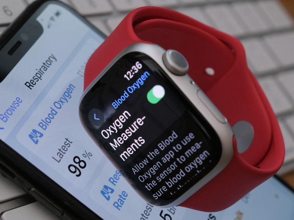 This illustration photo shows an Apple Watch 9 displaying the blood-oxygen level detection settings, in Los Angeles, on Tuesday.