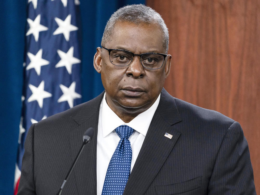 Secretary of Defense Lloyd Austin speaks during a media briefing at the Pentagon on Jan. 28, 2022.