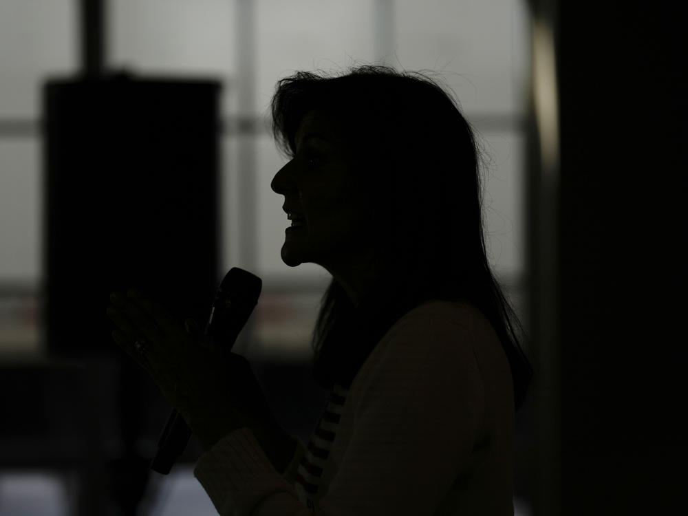 In this file photo, Republican presidential candidate Nikki Haley speaks during a town hall on Dec. 18 in Nevada, Iowa.