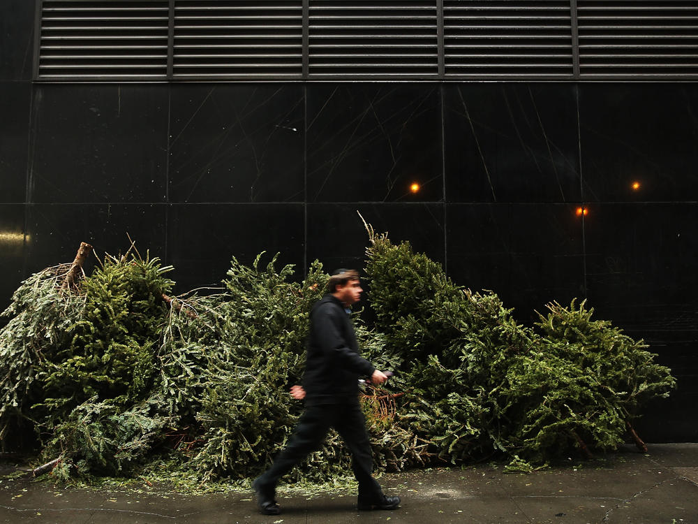 A person passes a pile of discarded Christmas trees along a sidewalk in New York City on Jan. 14, 2014.