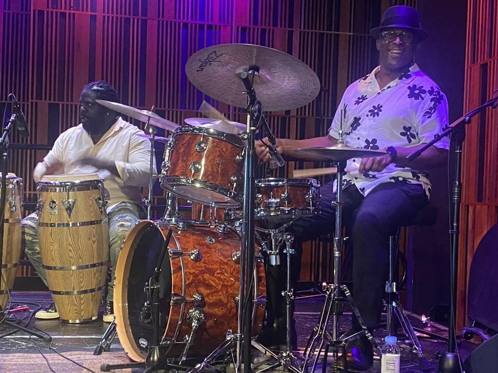 Herlin Riley plays with a Cuban trio that includes conga player Alexy Marti at the New Orleans Jazz Museum in September, 2023.