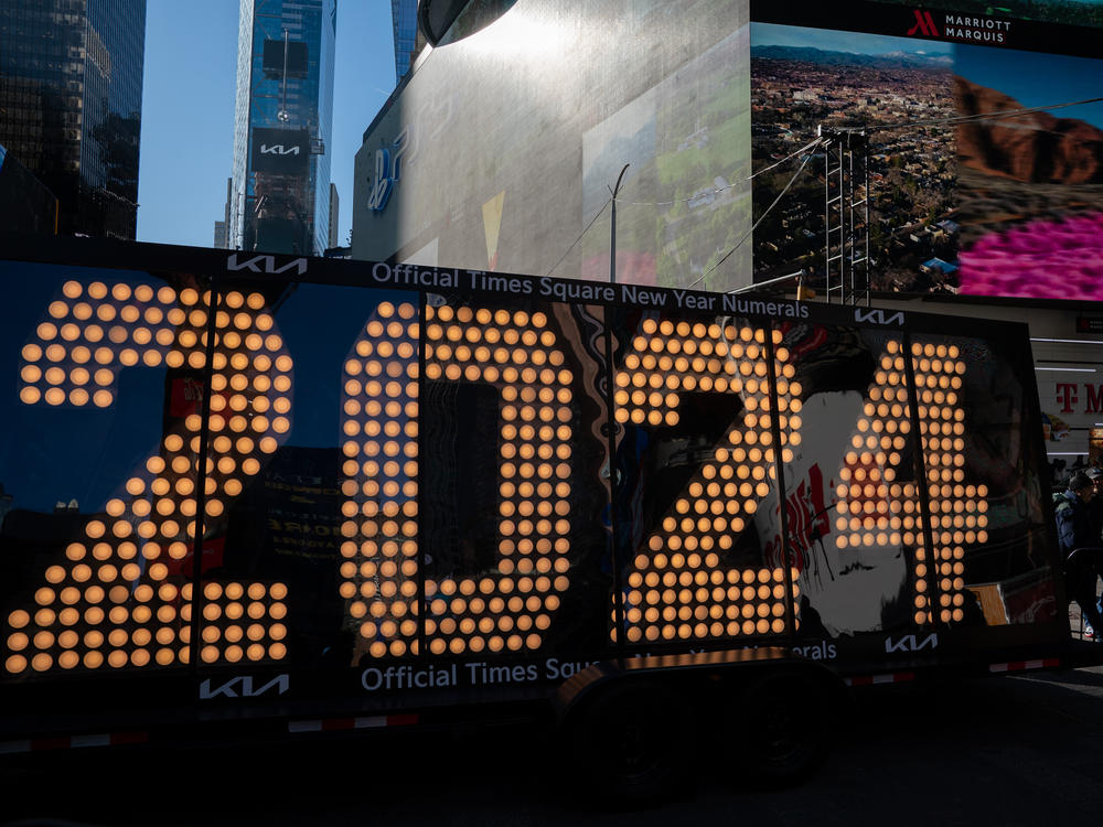 The numeral 2024 in Times Square in New York City on Dec. 20. 2023, after traveling across the country, beginning in Los Angeles.