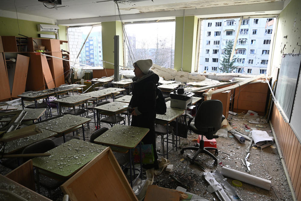 Lviv: A teacher inspects her classroom that was damaged after a missile attack in Lviv, western Ukraine.