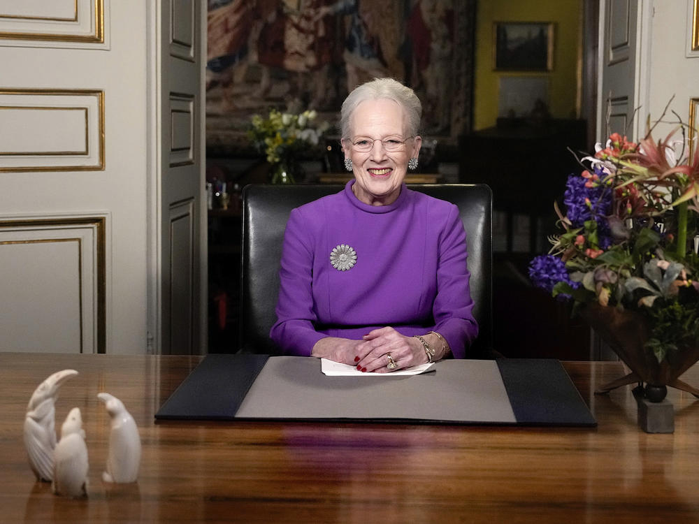 Queen Margrethe II announces her abdication from Christian IX's Palace, Amalienborg Castle, in Copenhagen, on Sunday, Dec. 31 2023, during her New Year's address.