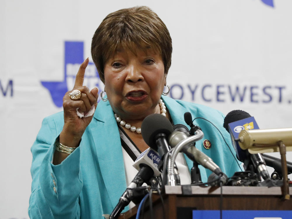Former U.S. Rep. Eddie Bernice Johnson, D-Texas, died on Sunday. Johnson, pictured in 2019, is seen introducing state Sen. Royce West at a rally where West announced his bid to run for the U.S. Senate, in Dallas.
