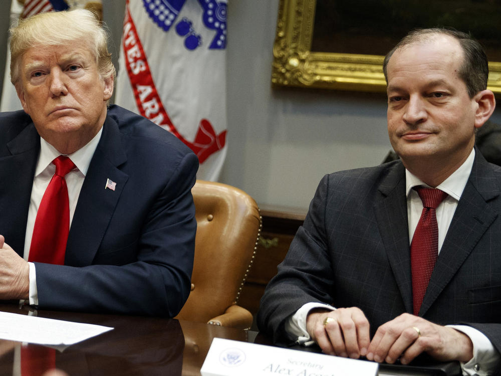 Labor Secretary Alexander Acosta resigned in 2019 after questions were raised about his role negotiating a federal non-prosecution deal for Jeffrey Epstein. Former President Trump has also acknowledged a long acquaintance with Epstein.