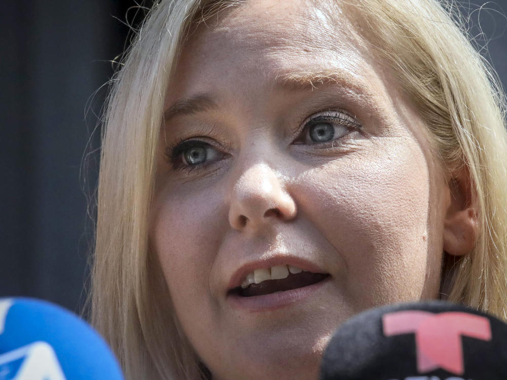 Virginia Giuffre speaks during a news conference outside a Manhattan court in New York in August 2019.