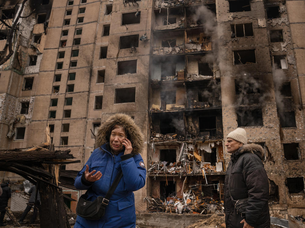 Iryna Karetnykova and her partner Viktor Tyschenko were in the building when it was struck by a Russian missile in Kyiv, Ukraine, on Tuesday.