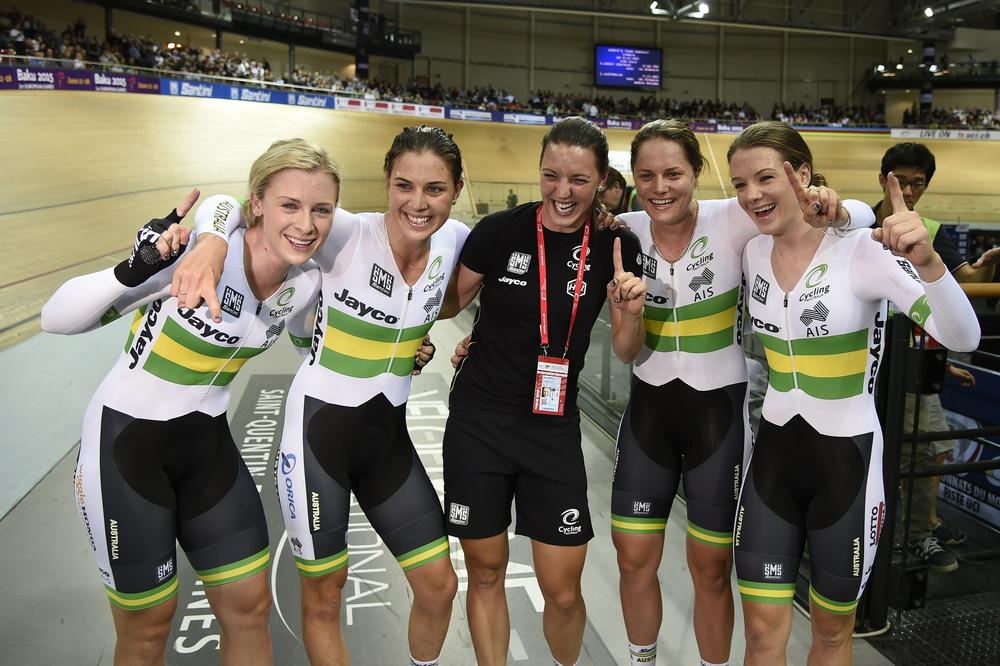Melissa Hoskins (second from left) celebrates with other members of the Australian team after winning the women's team pursuit finals at the UCI Track Cycling World Championships in Saint-Quentin-en-Yvelines, near Paris, in 2015.