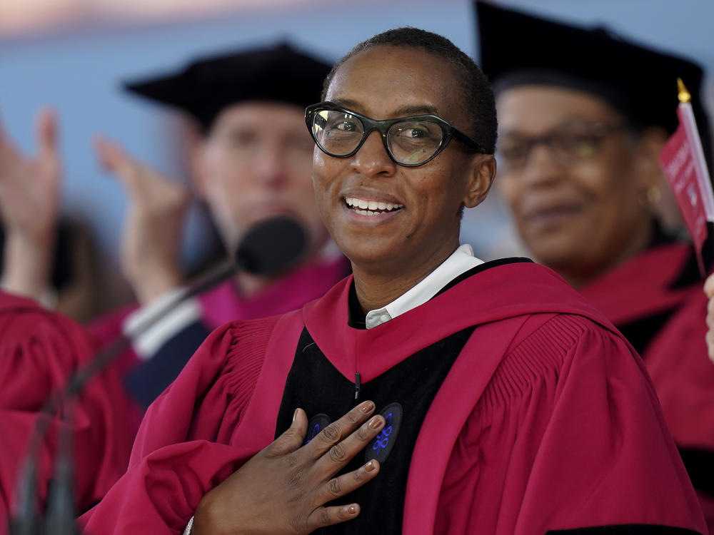 Claudine Gay speaks during commencement ceremonies at Harvard University in May. Gay resigned as Harvard's president Tuesday amid plagiarism accusations.