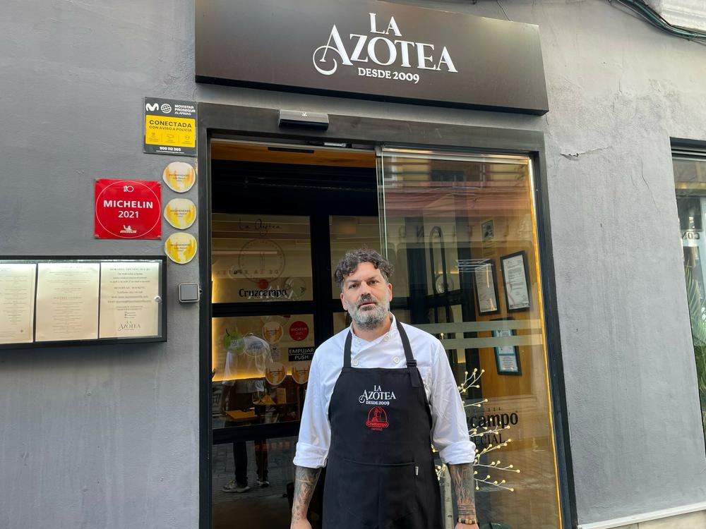 Chef Juan Antonio Gómez in front of one of his restaurants in Seville.