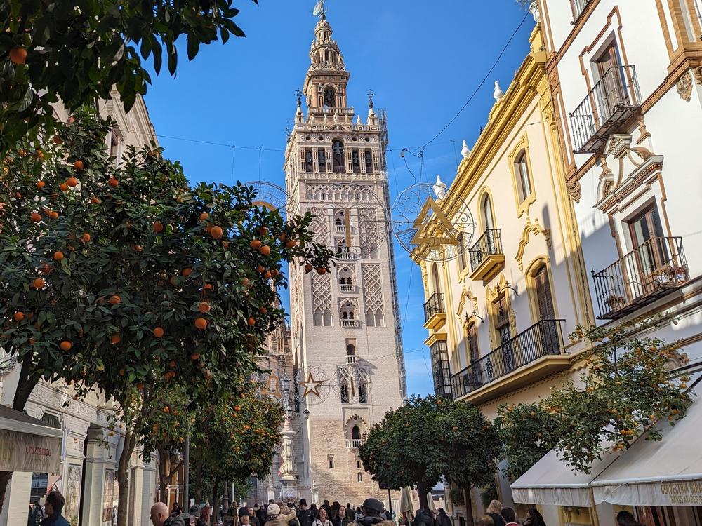 The Giralda tower, part of the cathedral of Seville, viewed from Mateos Gago street.