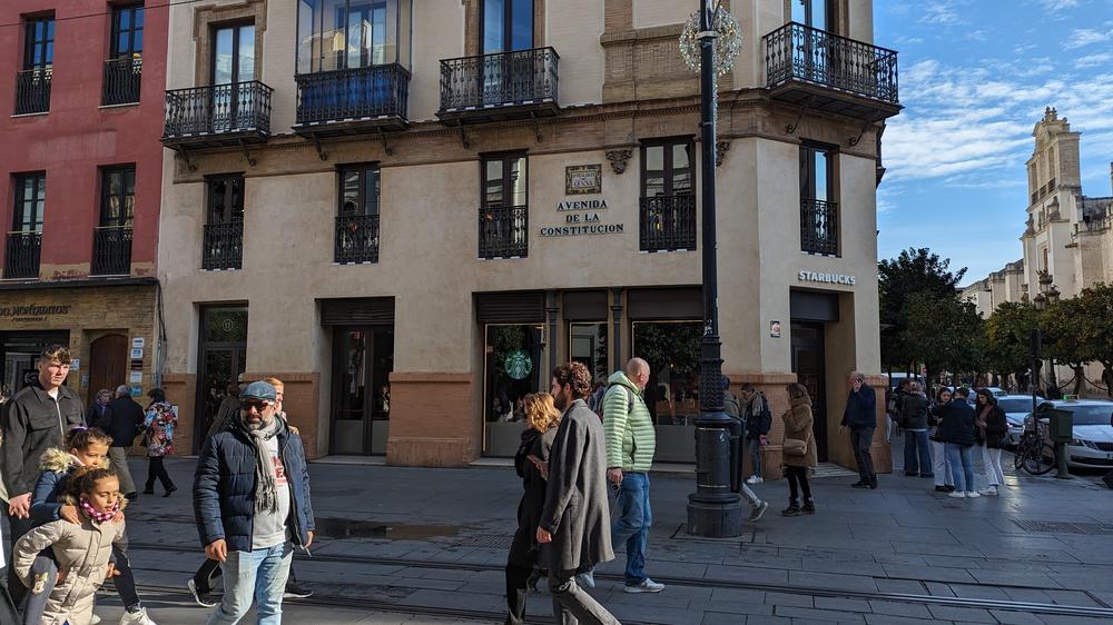 One of the Starbucks coffee shops located in the heart of Seville's historic city center.