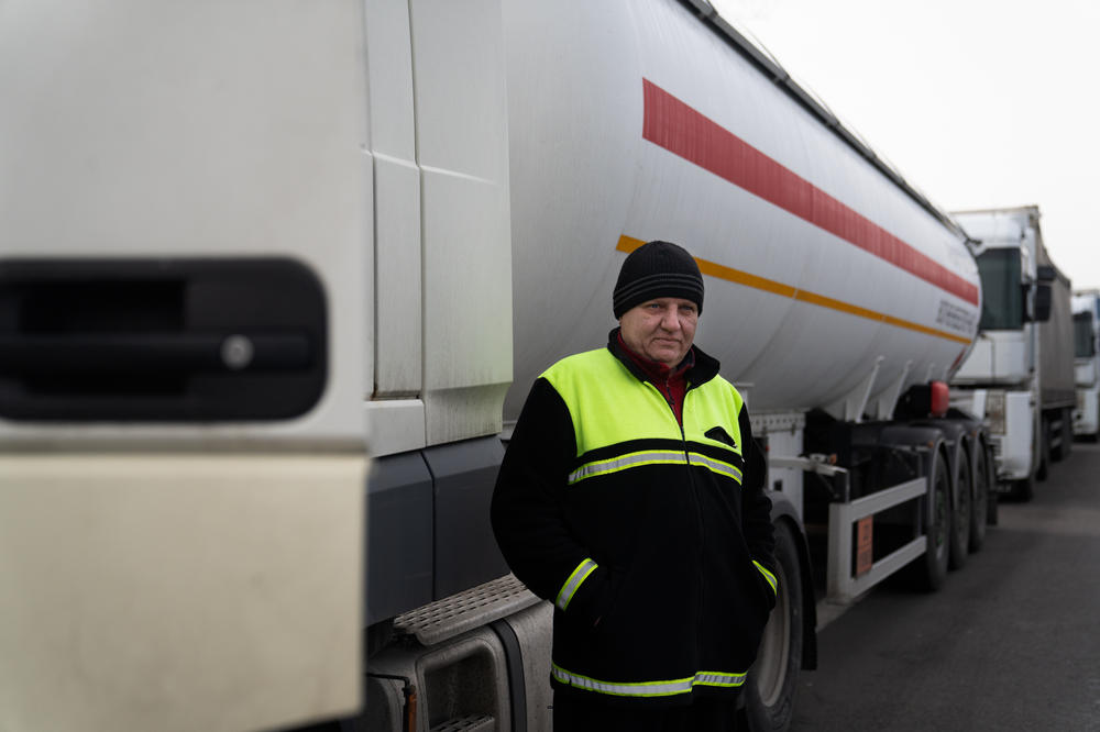 Ukrainian truck driver Serhii Strelok waits at the Dorohusk border in Poland to get home to Ukraine.