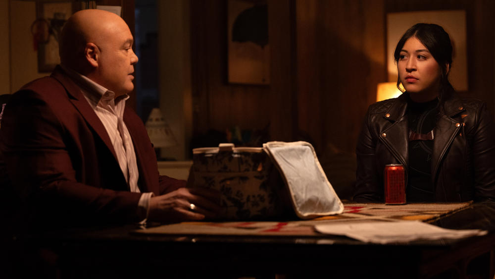Vincent D'Onofrio as Wilson Fisk/Kingpin and Alaqua Cox as Maya Lopez in Marvel Studios' <em>Echo.</em>
