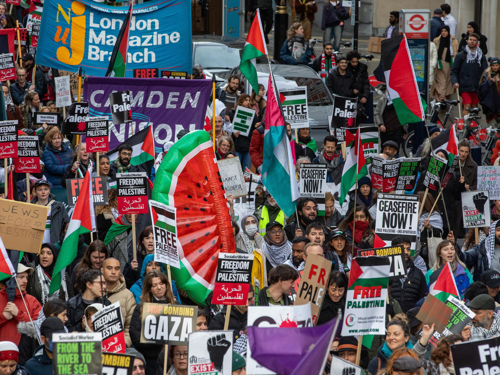 Tens of thousands of pro-Palestinian activists take part in a National March to call for a permanent ceasefire in Gaza on December 9, 2023, in London, United Kingdom.