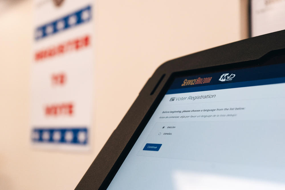The iPad screen of the voter registration kiosk in the waiting room of Native Health Phoenix.