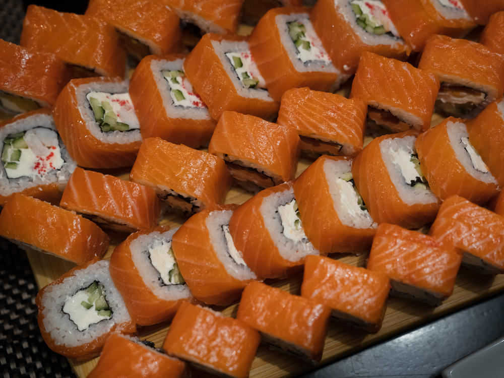 Sushi rolls with cream cheese, a popular ingredient in Ukrainian sushi, are served at Island Sushi in Zaporizhzhia, Ukraine.