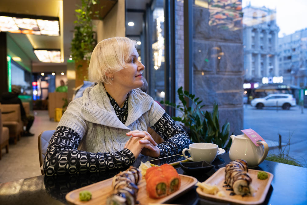 Olha Nasonova, a restaurant consultant and co-founder of the National Restaurant Association of Ukraine, sits at a sushi restaurant in downtown Kyiv.
