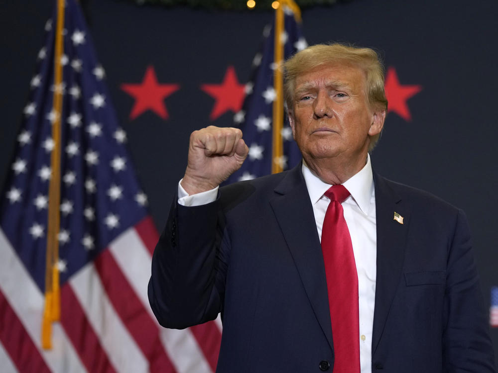 Former President Donald Trump reacts to supporters during a commit to caucus rally, Tuesday, Dec. 19, 2023, in Waterloo, Iowa.