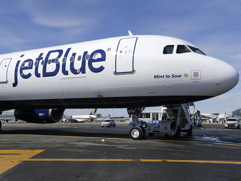 A JetBlue airplane is shown at John F. Kennedy International Airport in New York, March 16, 2017.