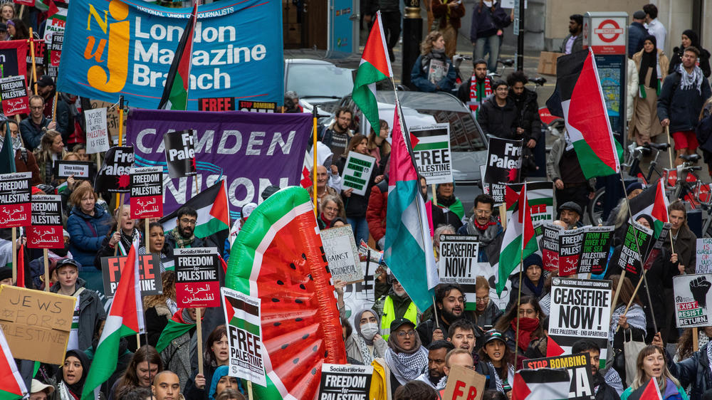 Tens of thousands of pro-Palestinian activists take part in a National March to call for a permanent ceasefire in Gaza on December 9, 2023, in London, United Kingdom.