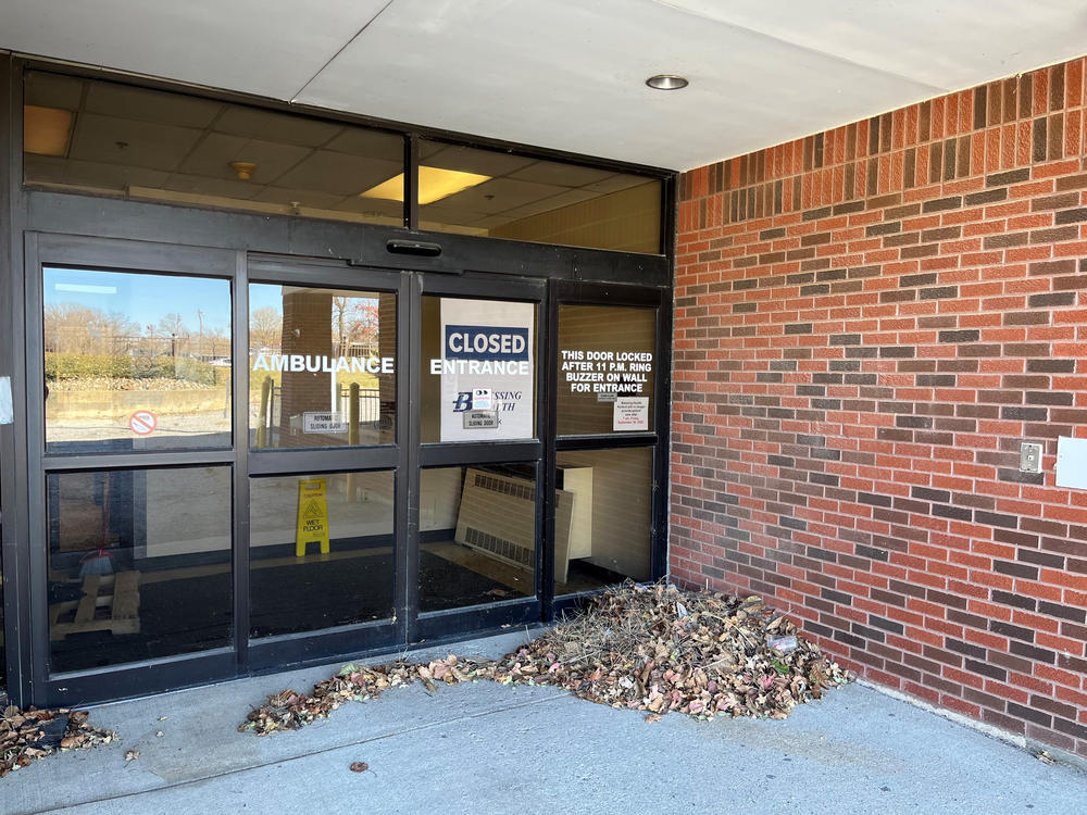 The ambulance entrance at the hospital in Keokuk, Iowa, has been unused since the facility closed in 2022.