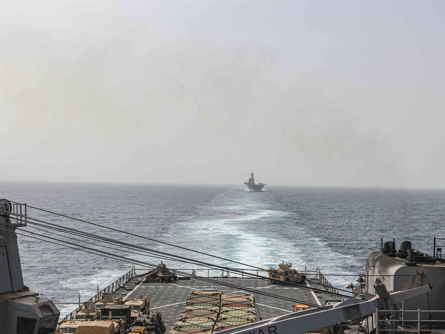 U.S. Navy ships travel through the Bab al-Mandeb strait, which connects the Red Sea to the Gulf of Aden and the Indian Ocean, in August.