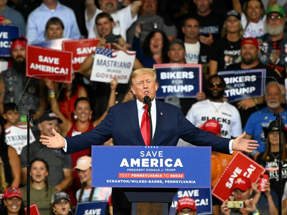 Former President Donald Trump speaks during a campaign rally in September 2022. At the rally, Trump invited the president and founder of the nonprofit Patriot Freedom Project to give a speech. The group's close ties to Trump have prompted scrutiny from lawmakers.