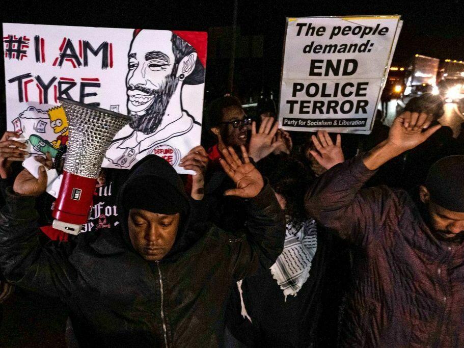 Protesters block traffic as they rally against the fatal police assault of Tyre Nichols in Memphis, Tenn., on Jan. 27, 2023.