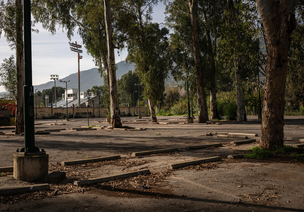 The empty parking lot of a stadium in Kiryat Shmona, Israel, is seen on Monday.