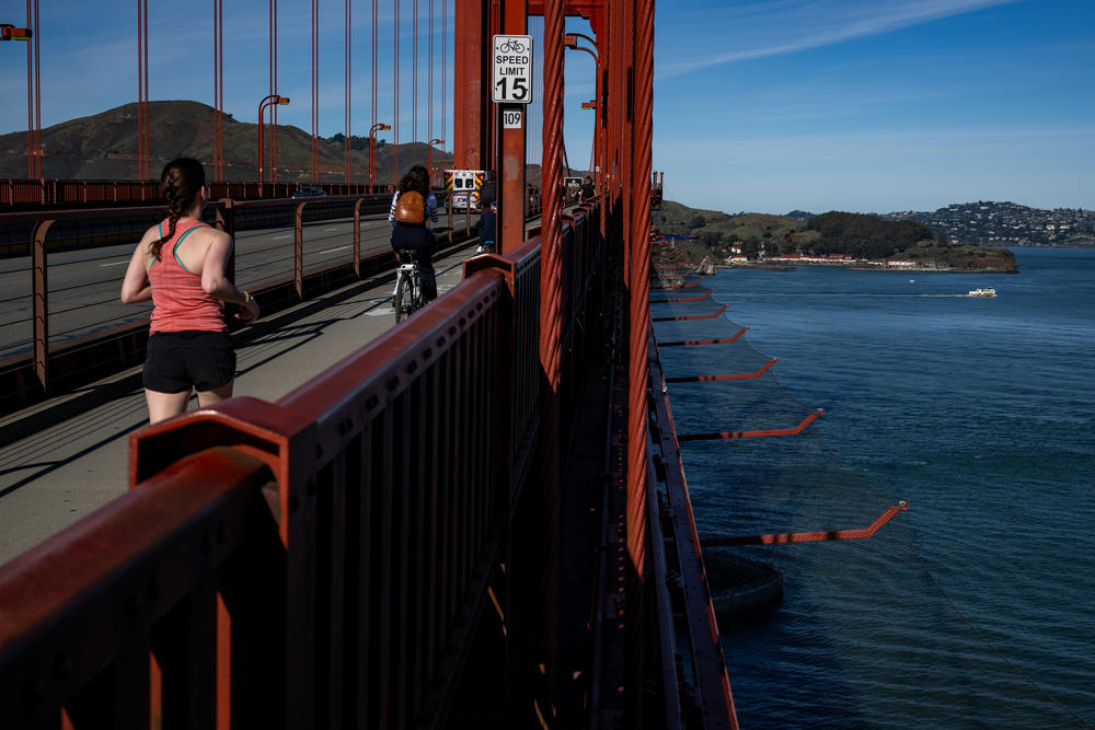 A stainless steel safety net sits below the sidewalk on the Golden Gate Bridge on Jan. 5, 2024, to discourage people from jumping and to catch those who do.