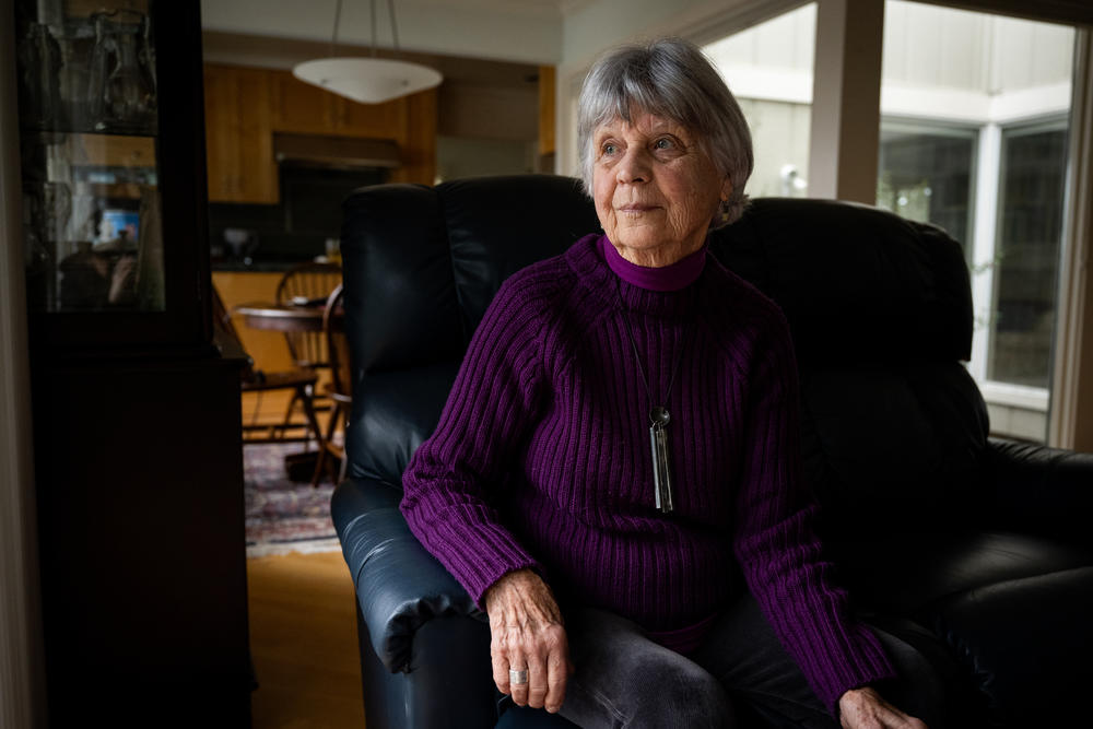 Kay James sits in her home in Moraga on Jan. 9, 2024. Her son Michael Bishop died jumping off of the Golden Gate Bridge in 2011.