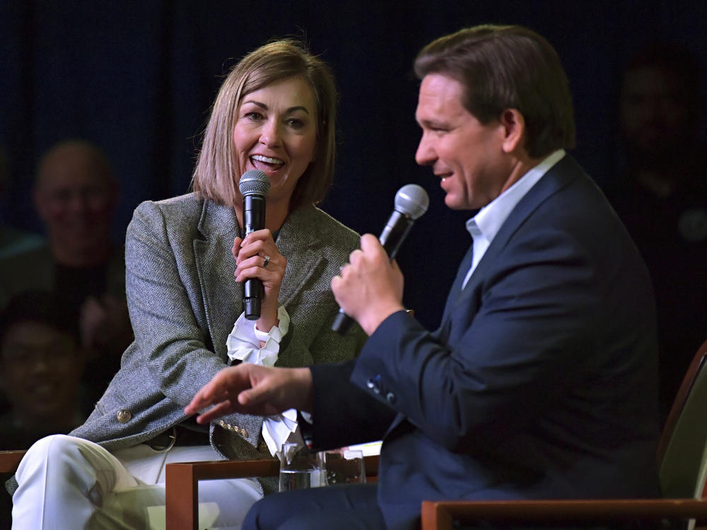 Prior to jumping into the 2024 presidential election, Florida Gov. Ron DeSantis speaks at an event with Iowa Gov. Kim Reynolds on March 10, 2023, in Davenport, Iowa.