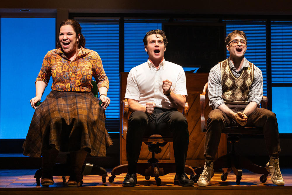 Lindsay Mendez, Jonathan Groff and Daniel Radcliffe in <em>Merrily We Roll Along.</em>