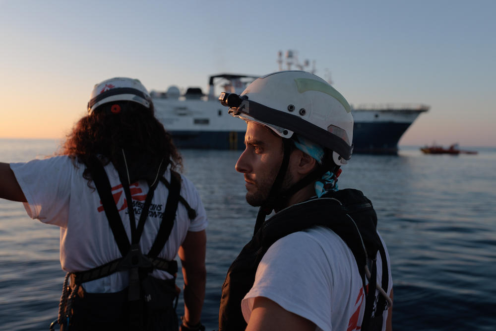 A Doctors Without Borders crew prepares for rescue operations during the first few days of sailing to international waters north of Libya.
