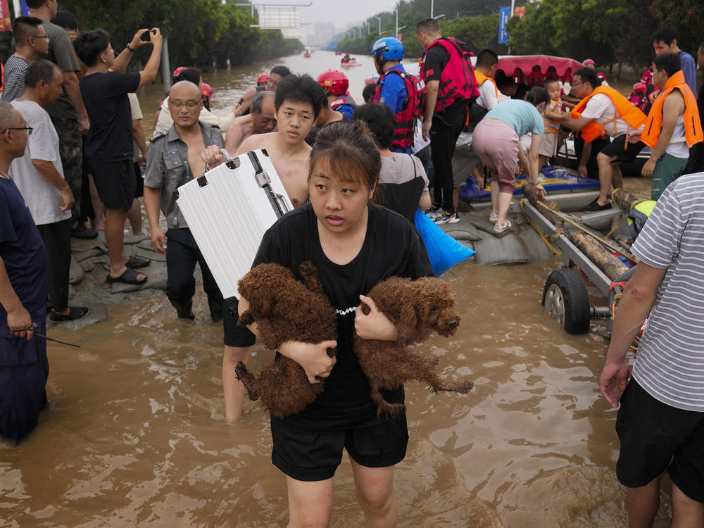 A woman carries her pet dogs as residents are evacuated on rubber boats through floodwaters in northern China's Hebei province in August 2023 amid severe flooding from Typhoon Doksuri. 2023 was the hottest year ever recorded, scientists say.