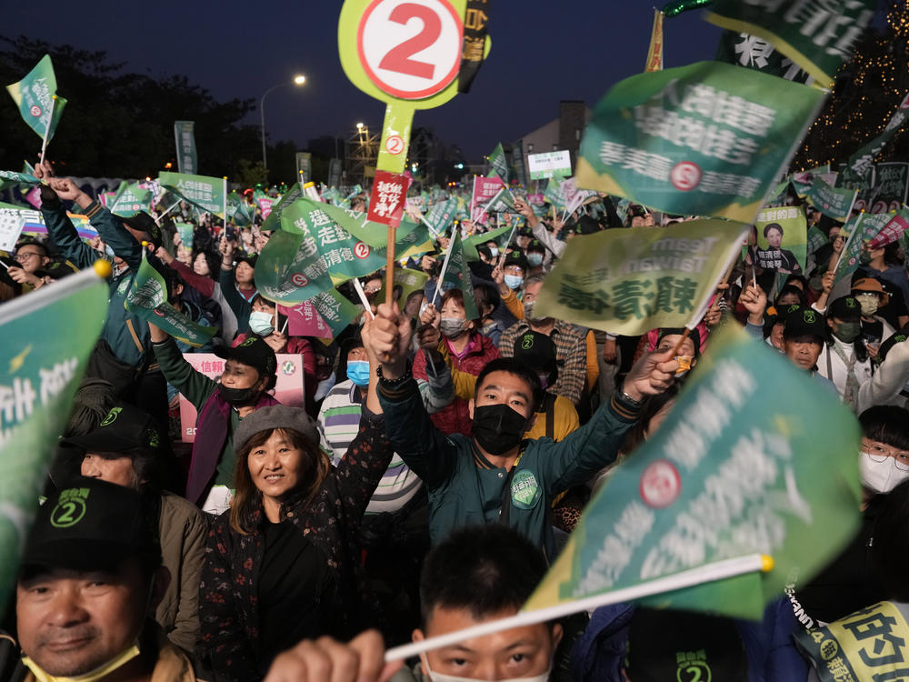 Supporters of the Democratic Progressive Party presidential candidate Lai Ching-te, who also goes by William, attend a rally in southern Taiwan's Tainan city on Friday.