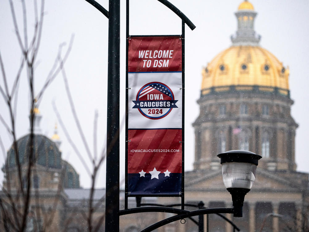 A caucus sign near the Iowa State Capitol in Des Moines, Iowa on Jan. 8.