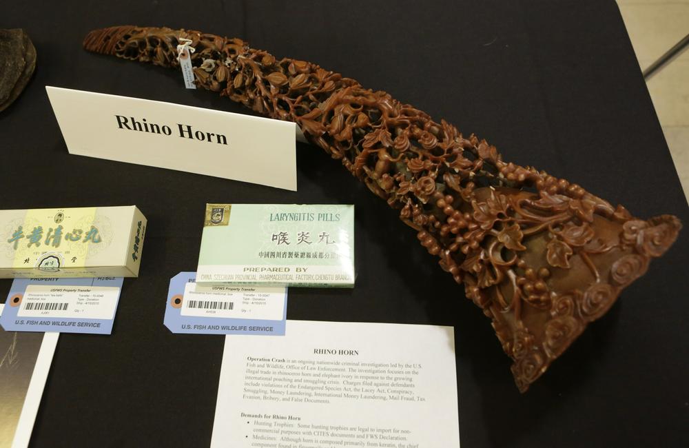A carved rhino horn is among the confiscated wildlife contraband placed on display during the 2015 U.S.-China Strategic and Economic Dialogue in Washington, D.C.