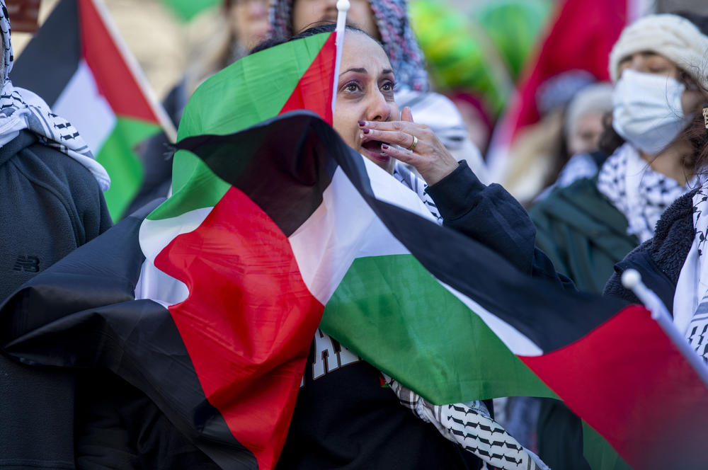 Najah Hamad from Chicago reacts as she listens to speakers talking about Gaza.