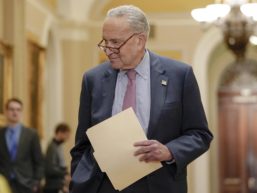 Sen. Majority Leader Chuck Schumer of N.Y., arrives to speak with reporters after a policy luncheon on Capitol Hill Tuesday, Jan. 9, 2024, in Washington.