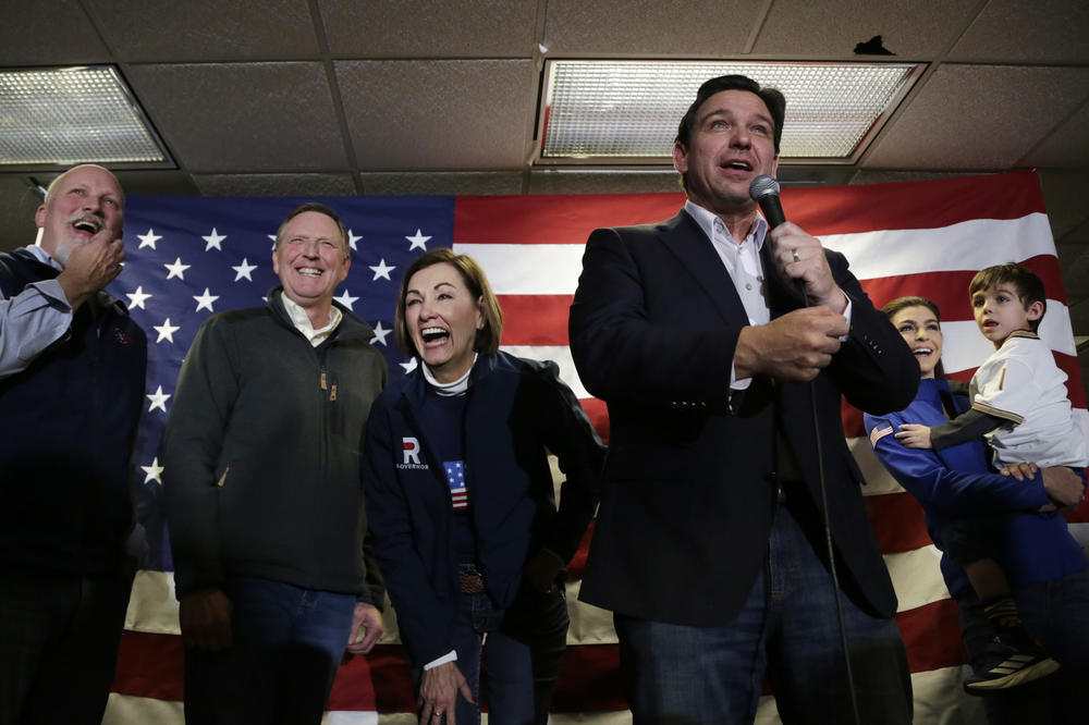 Despite the frigid temperatures, Ron DeSantis was able to campaign at an event in West Des Moines, Iowa on Saturday, Jan. 13, 2024. Also on stage with him are Iowa Gov. Kim Reynolds, left, and his wife, Casey DeSantis, right.