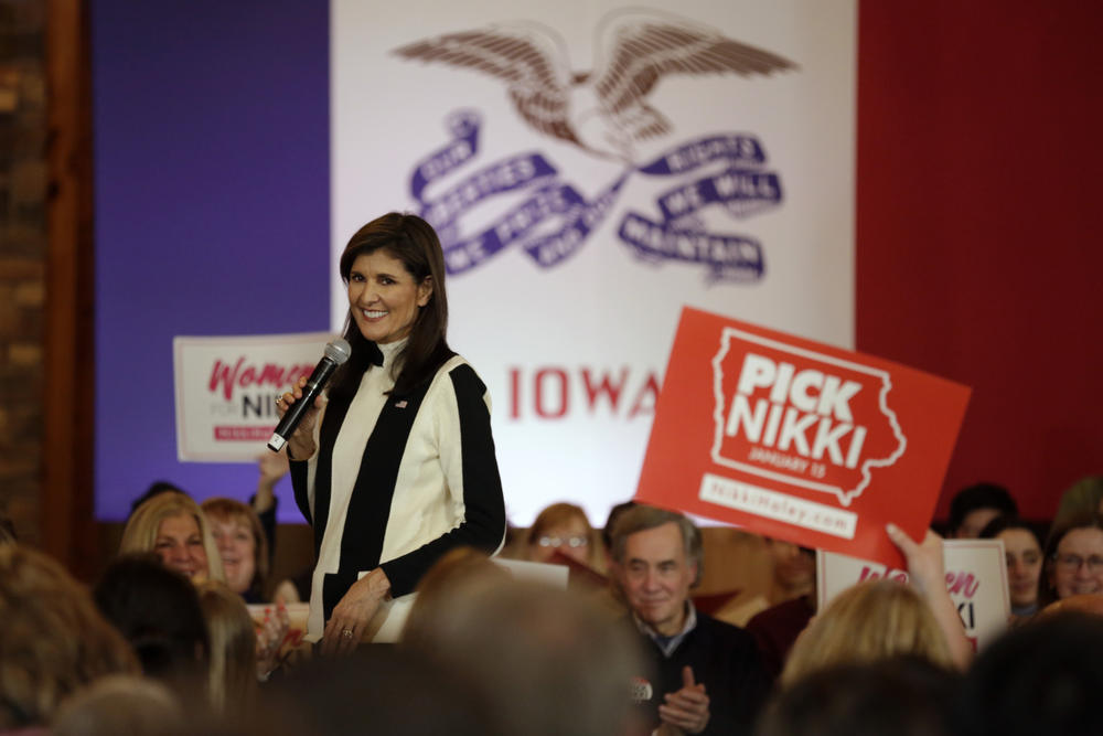 Former South Carolina Governor Nikki Haley attended a campaign event to speak to voters in Iowa at the Country Lane Lodge on Jan. 14, 2024, in Adel, Iowa.