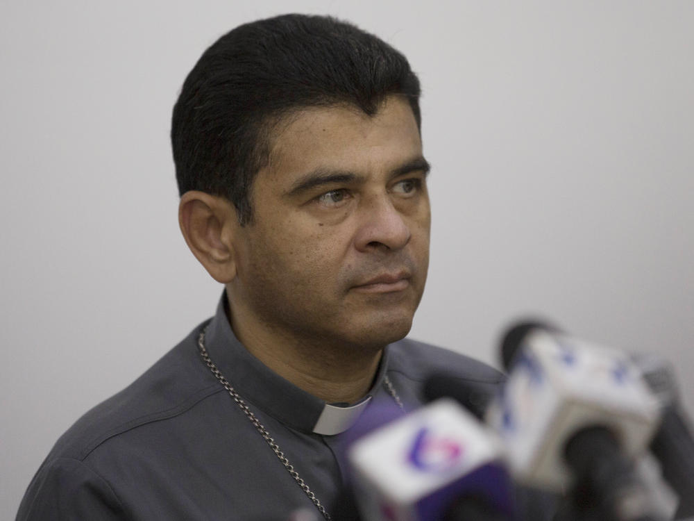 Rolando Alvarez, bishop of Matagalpa, gives a news conference regarding the Roman Catholic Church's agreeing to act as 