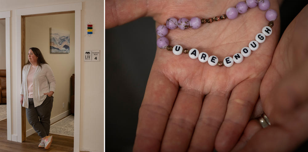Emily Loos, CEO of LIV Health, displays a bracelet she wears every day with a phrase she tells her daughter: 