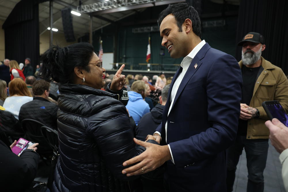 Republican presidential candidate businessman Vivek Ramaswamy greets voters during a visit to a caucus site at the Horizon Event Center on January 15, 2024 in Des Moines, Iowa.