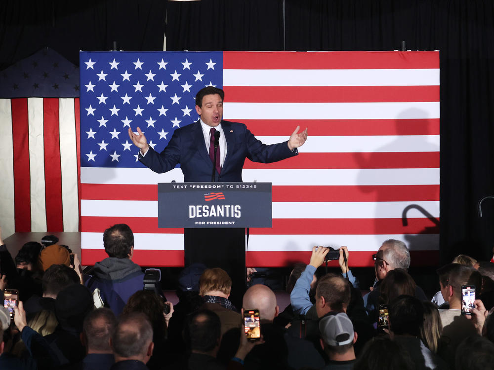 Republican presidential candidate Florida Gov. Ron DeSantis speaks at his caucus night event on January 15, 2024 in West Des Moines, Iowa.