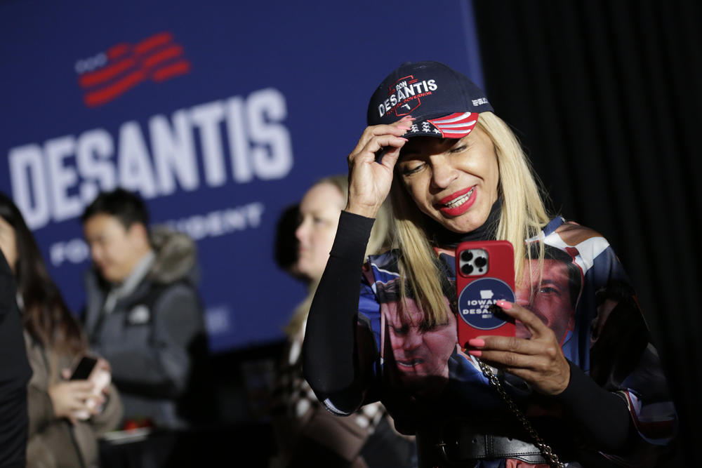 A supporter of Republican presidential candidate Ron DeSantis at a watch party during the 2024 Iowa Republican presidential caucuses in West Des Moines, Iowa, on Jan. 15, 2024.